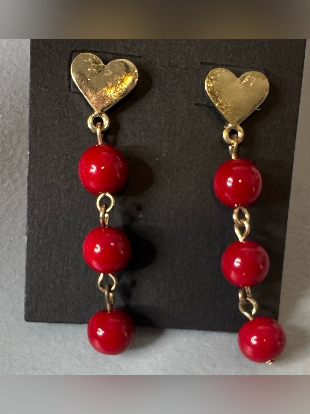 Gold Heart Red Bead Drop Earrings love Valentine’s Day romance